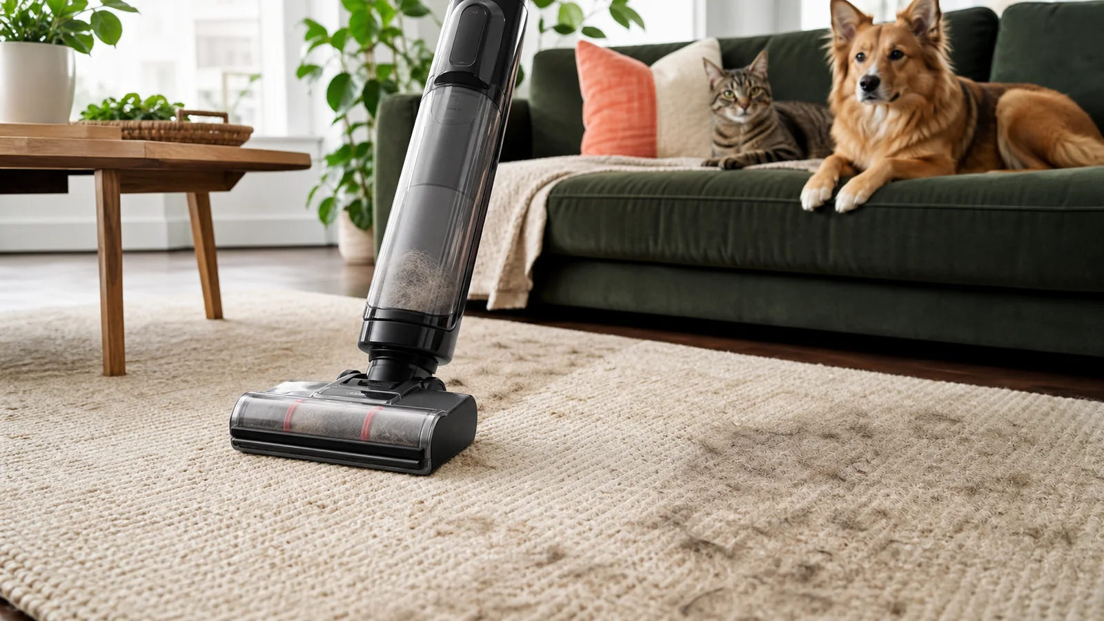 Modern pet hair vacuums in a bright home with a dog and cat